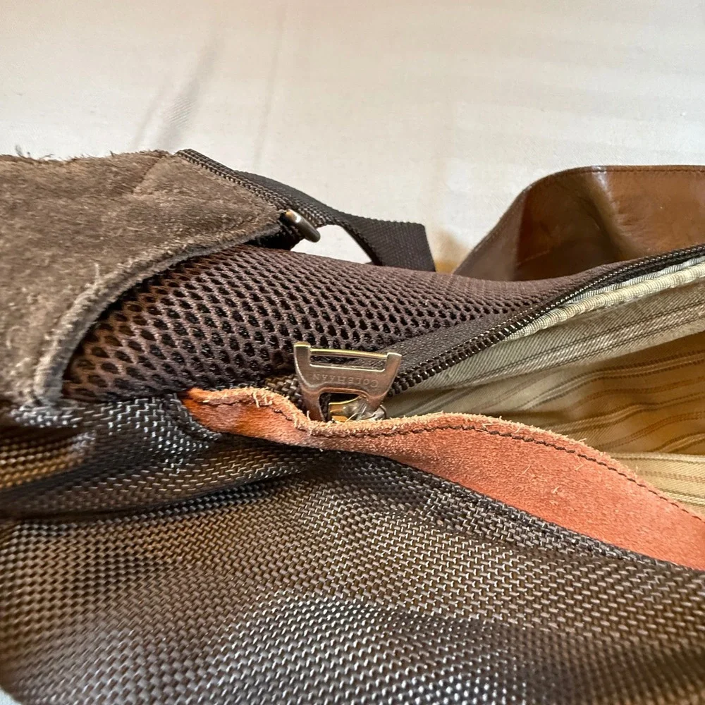 Cole Haan Mens Sling Bag Brown Perforated Leather Ballistic Nylon Backpack 2254